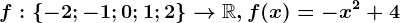 f:\left \ -2; -1; 0; 1; 2 \right \--> \mathbbR, f(x)=-x^2+4