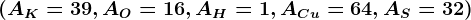 (AK=39, AO=16, AH=1, ACu=64, AS=32)