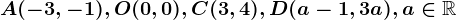 A(-3,-1), O(0,0), C(3,4), D(a-1,3a), a\in \mathbbR