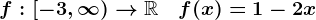 f:\left[-3,\infty\right)-->\mathbbR\quad f(x)=1-2x