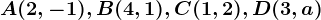 A(2,-1), B(4,1), C(1,2), D(3,a)