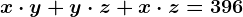 \dpi100 x\cdot y+y\cdot z+x\cdot z= 396