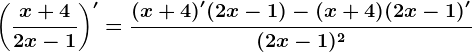 \left ( \fracx+42x-1 \right )'=\frac(x+4)'(2x-1)-(x+4)(2x-1)'(2x-1)^2