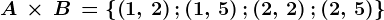 A\, \times \, B\, = \left \ \left ( 1,\, 2 \right );\left ( 1,\,5 \right );\left ( 2,\, 2 \right );\left ( 2,\, 5 \right ) \right \
